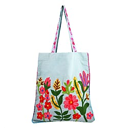 Canvas Fabric Tote Bag with Colourful Thread Work - Mint Green