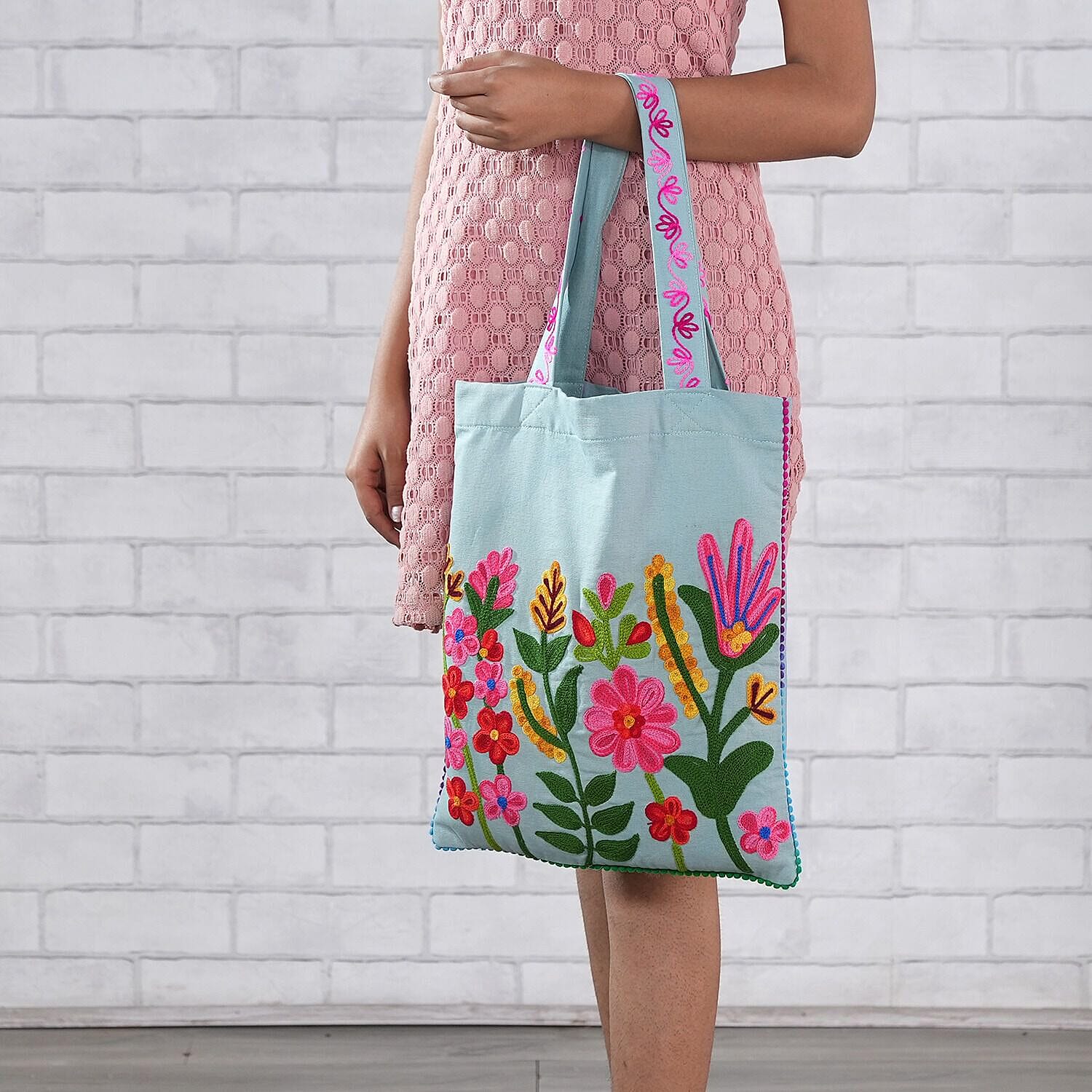 Floral Embroidered Multi Purpose Tote Bag - Mint Green