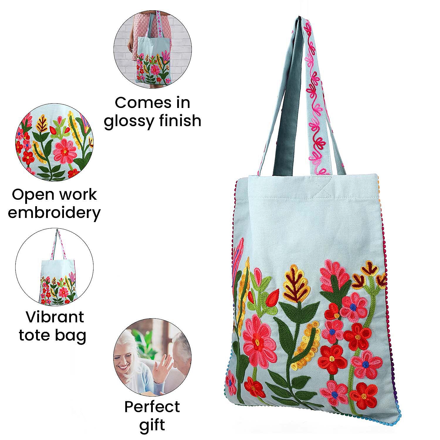 Floral Embroidered Multi Purpose Tote Bag - Mint Green