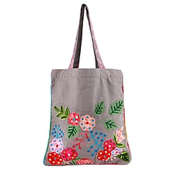Canvas Fabric Tote Bag with Colourful Thread Work - Grey