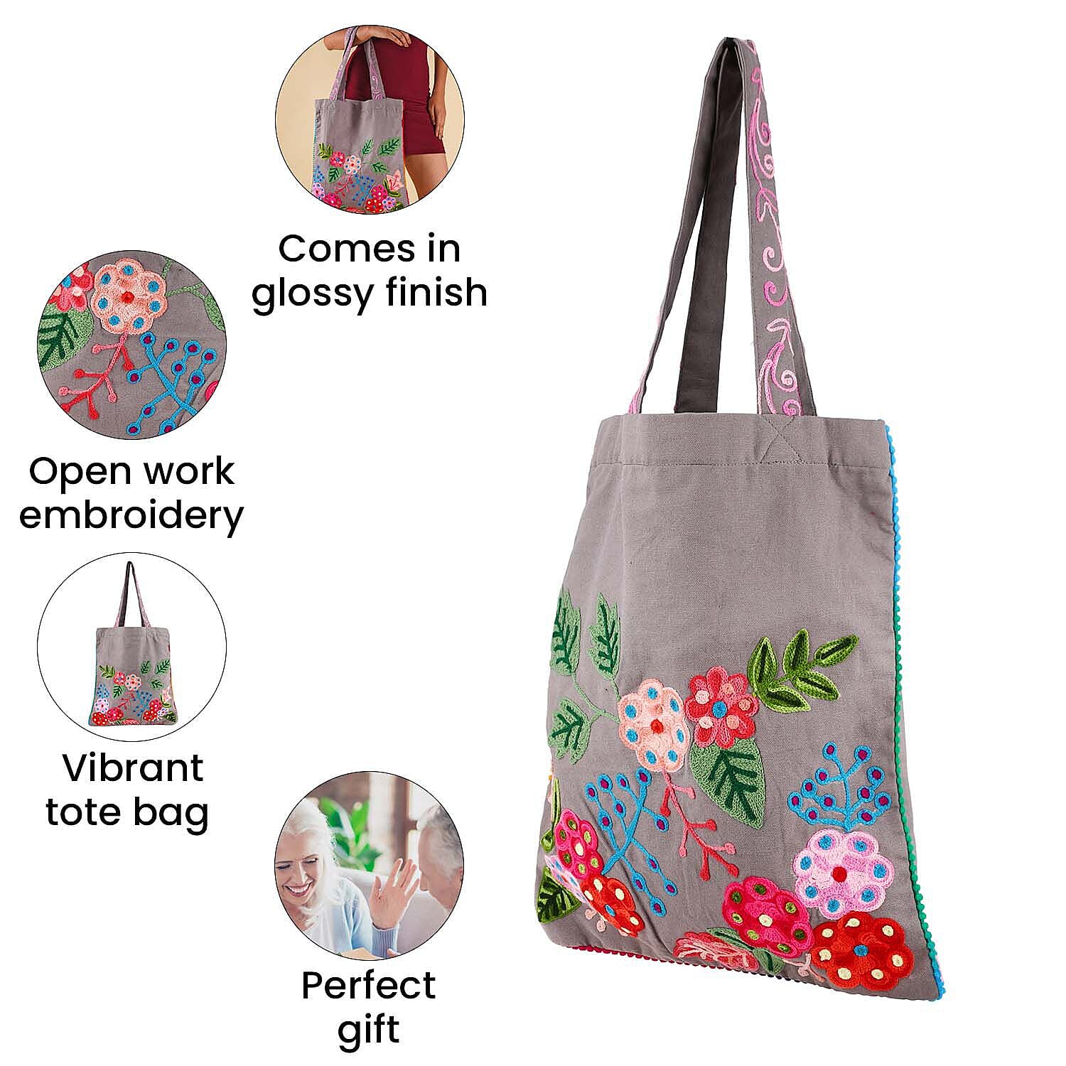 Floral Embroidered Multi Purpose Tote Bag - Grey