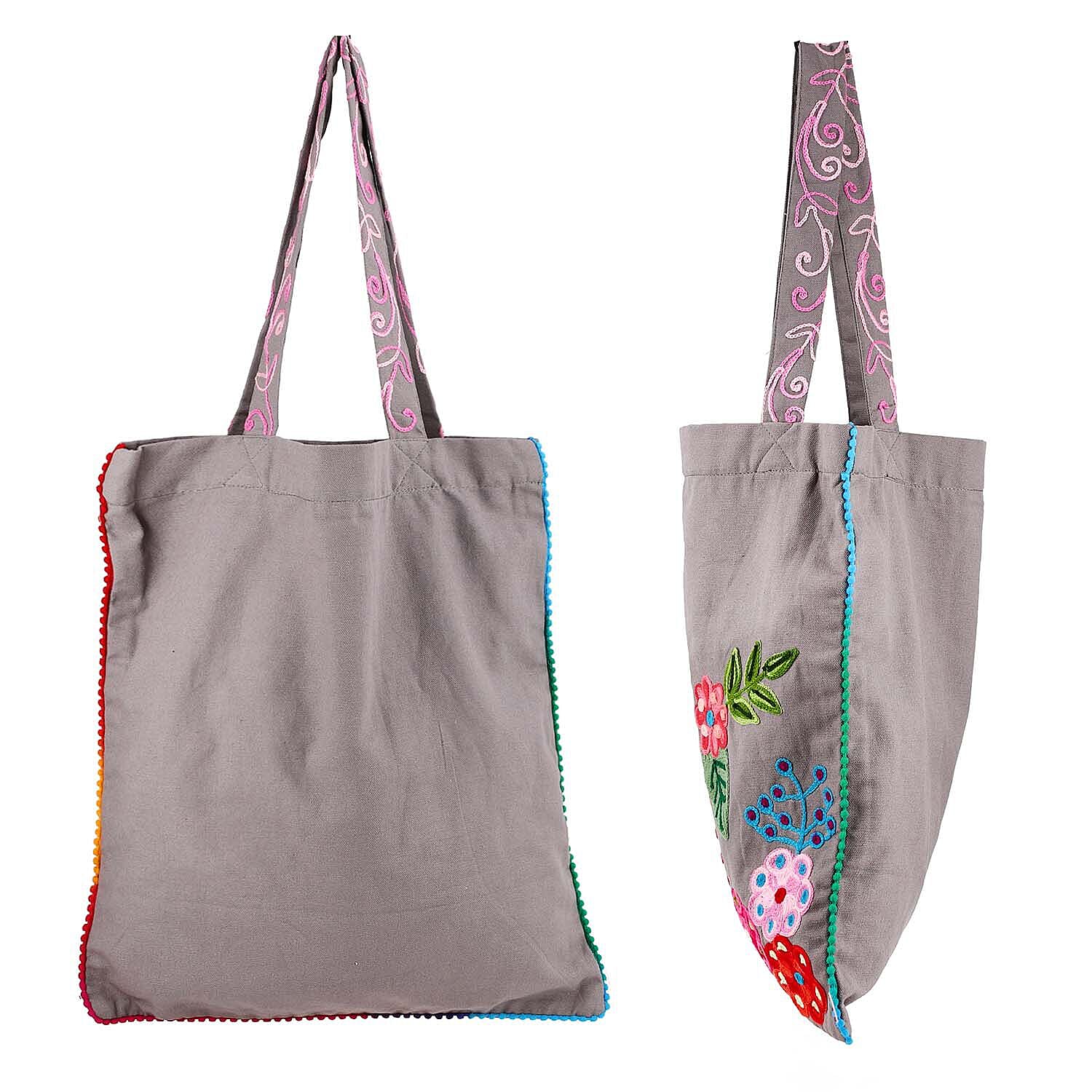 Floral Embroidered Multi Purpose Tote Bag - Grey