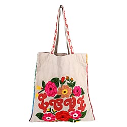 Canvas Fabric Tote Bag with Colourful Thread Work - Beige