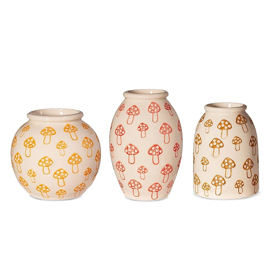 Set of 3 - Mushroom Print Mini Vases Assorted - Multi