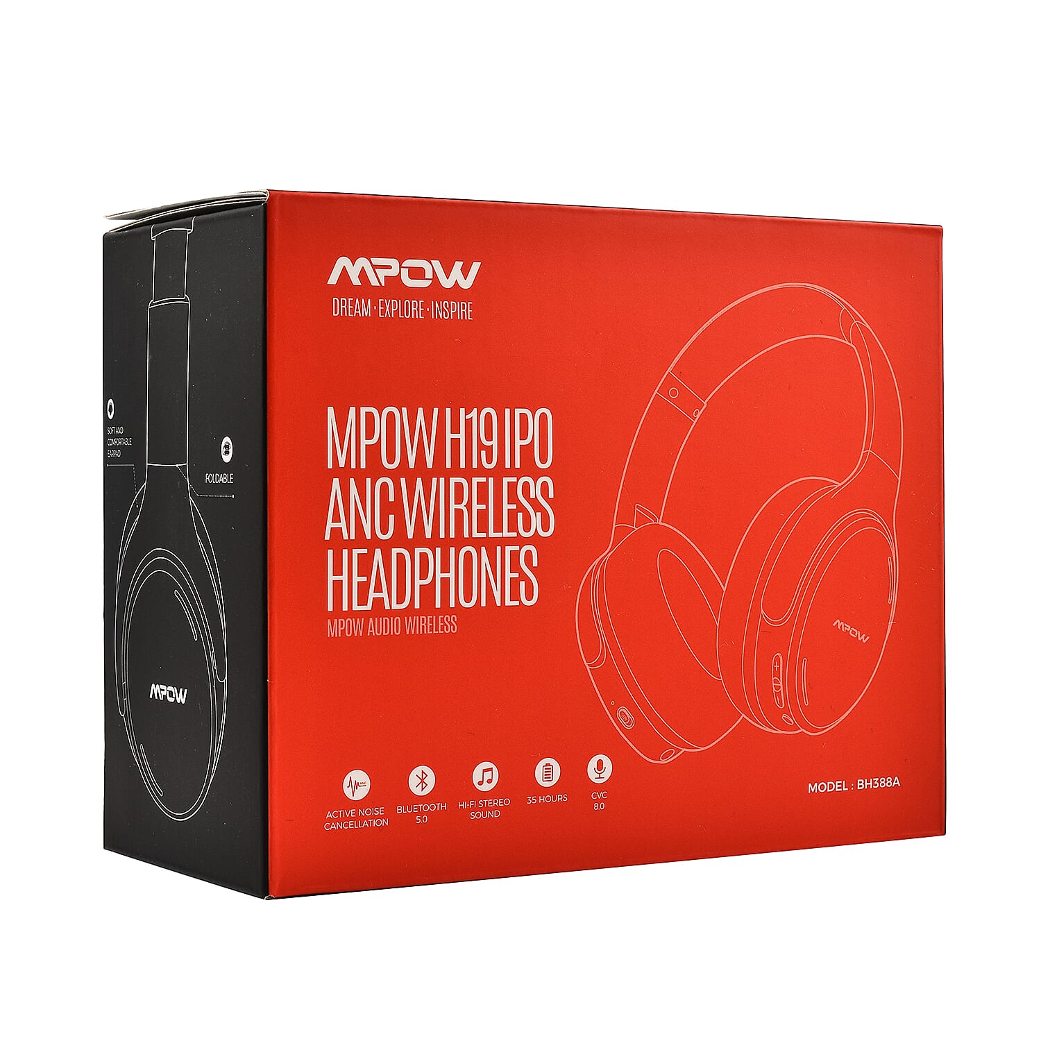 MPOW  IPO Active Noise Cancelling Headphones, Bluetooth 5.0 Headphones with Deep Bass, Fast Charge, 35H Playtime, Lightweight Headset, CVC 8.0 Mic for Home Off(Size 16x8 cm) - Black