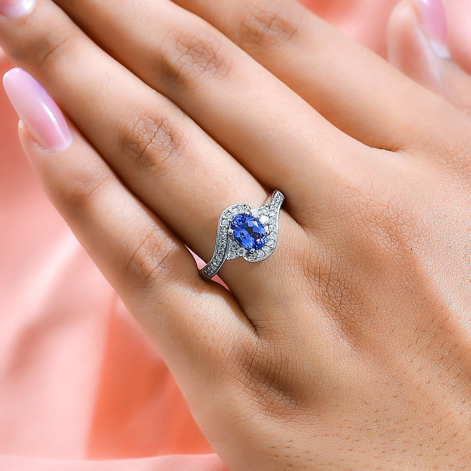 Tanzanite and Moissanite Ring in Platinum Overlay Sterling Silver 1.15 Ct.