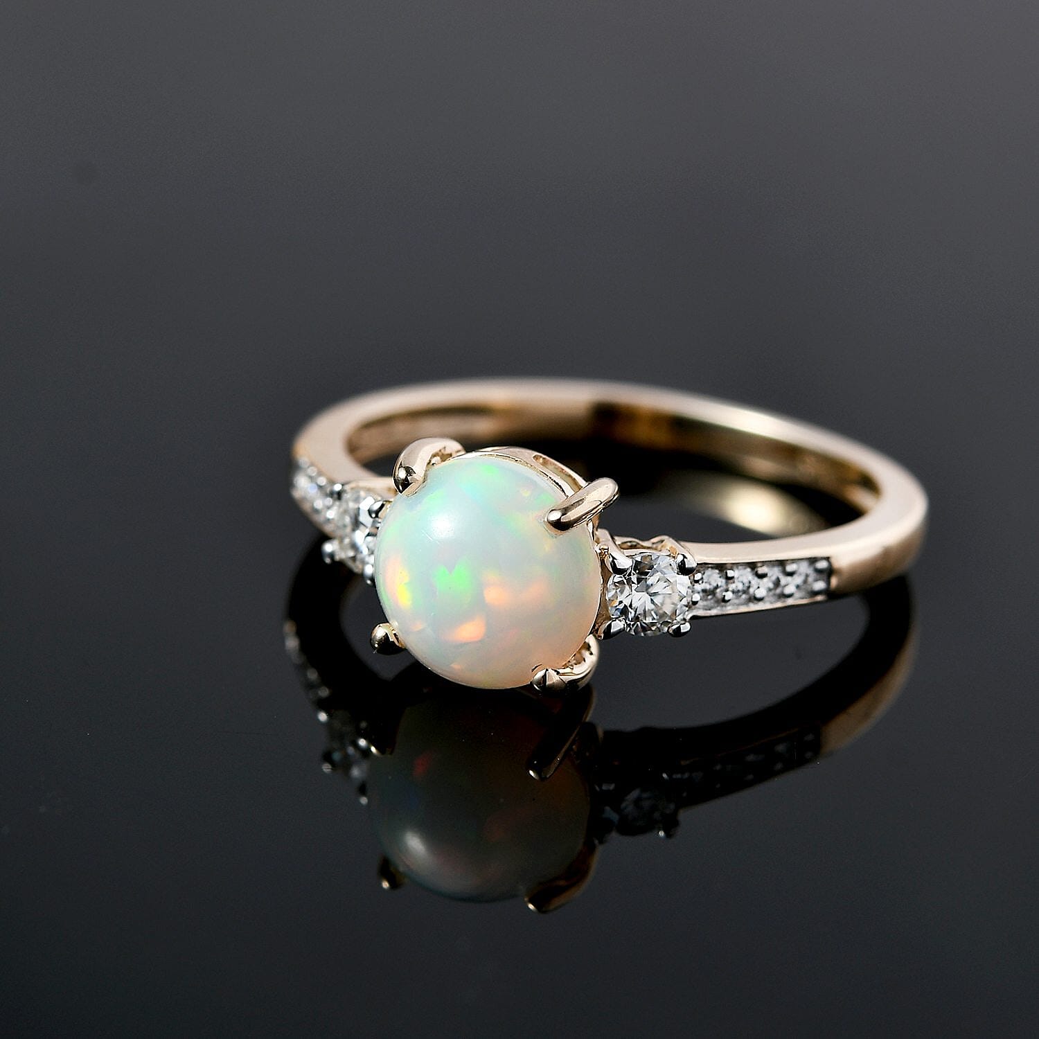 9K Yellow Gold Ethiopian Welo Opal and Moissanite Ring 1.13 Ct