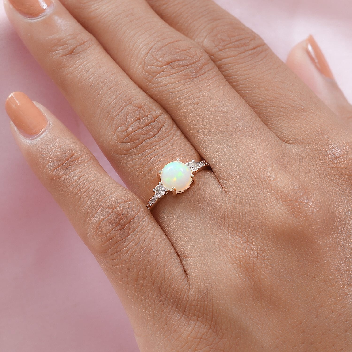 9K Yellow Gold Ethiopian Welo Opal and Moissanite Ring 1.13 Ct