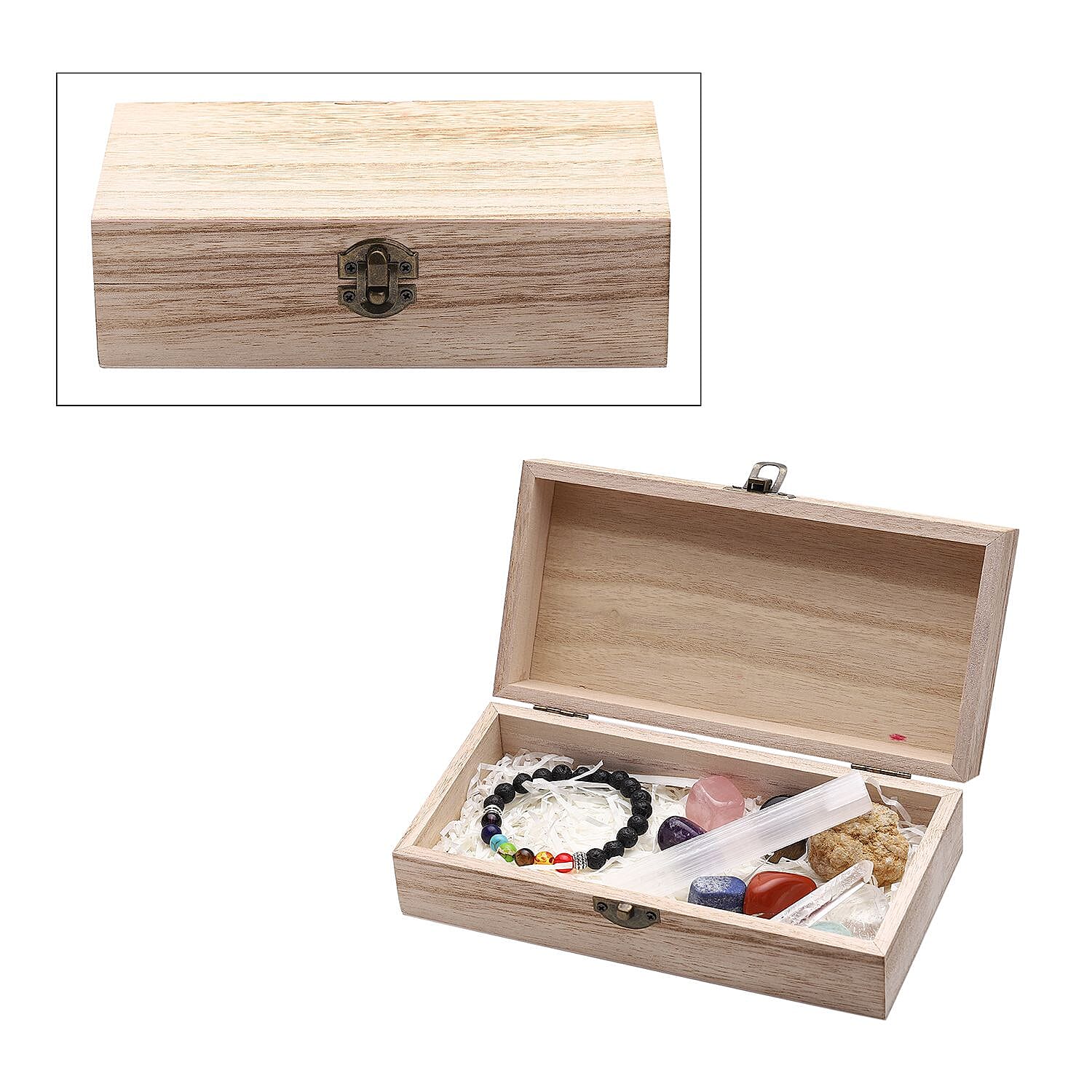 Doorbuster - Chakra Crystal Box - 1 Bracelet, 1 Selenite Stick, 1 Agate Druzy, Clear Quartz Point, 1 Clear Quartz, 1 Amethyst, 1 Rose Quartz, 1 Aventurine, 1 Lapis Lazuli, 1 Tiger Eye, and 1 Red Jasp