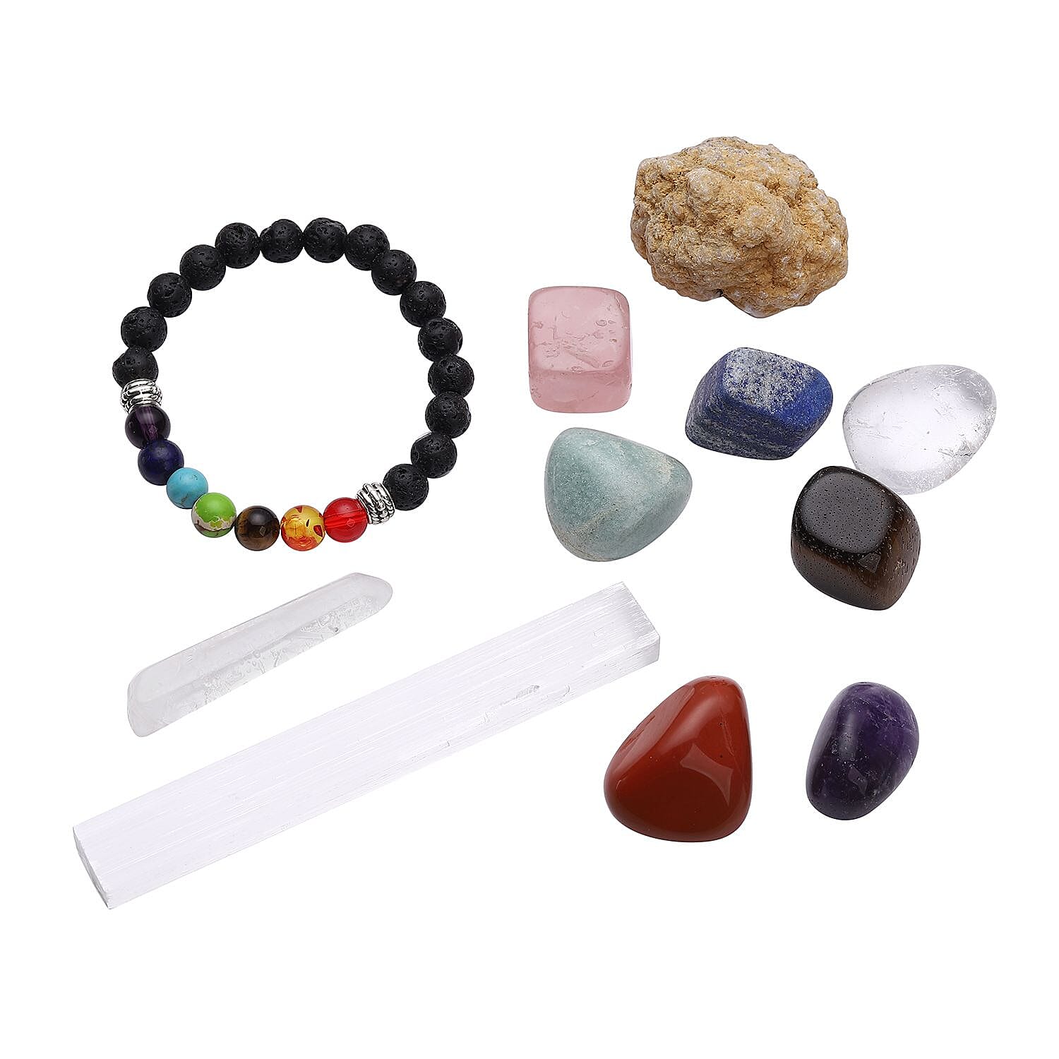 Doorbuster - Chakra Crystal Box - 1 Bracelet, 1 Selenite Stick, 1 Agate Druzy, Clear Quartz Point, 1 Clear Quartz, 1 Amethyst, 1 Rose Quartz, 1 Aventurine, 1 Lapis Lazuli, 1 Tiger Eye, and 1 Red Jasp