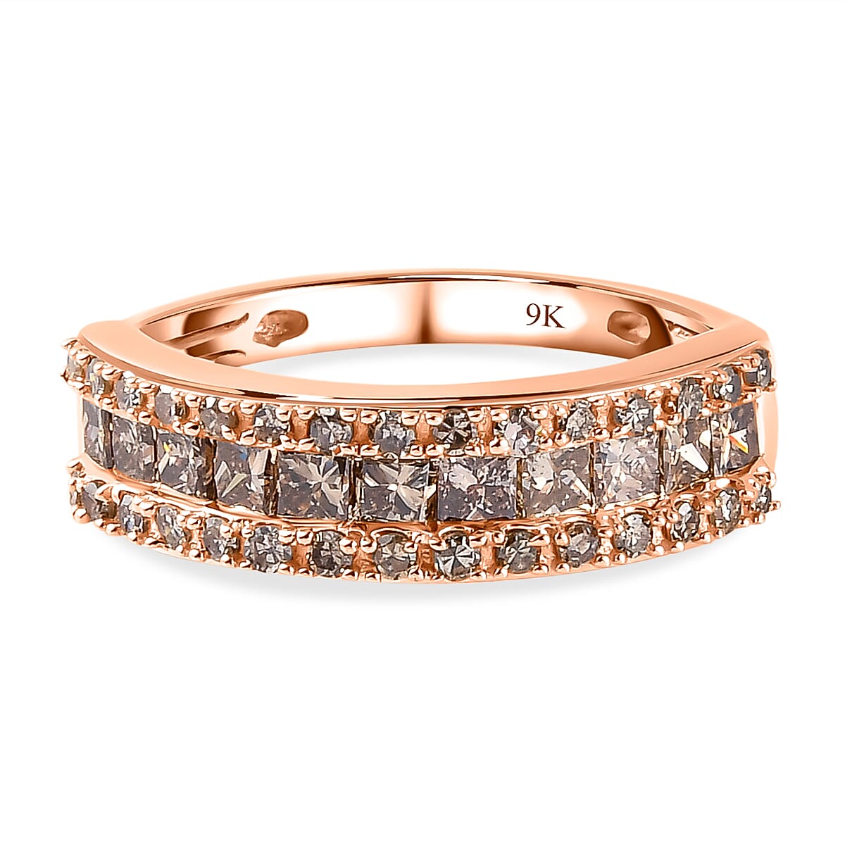9K Rose Gold SGL Certified Natural Champagne Diamond Half Eternity Ring 1.00 Ct.