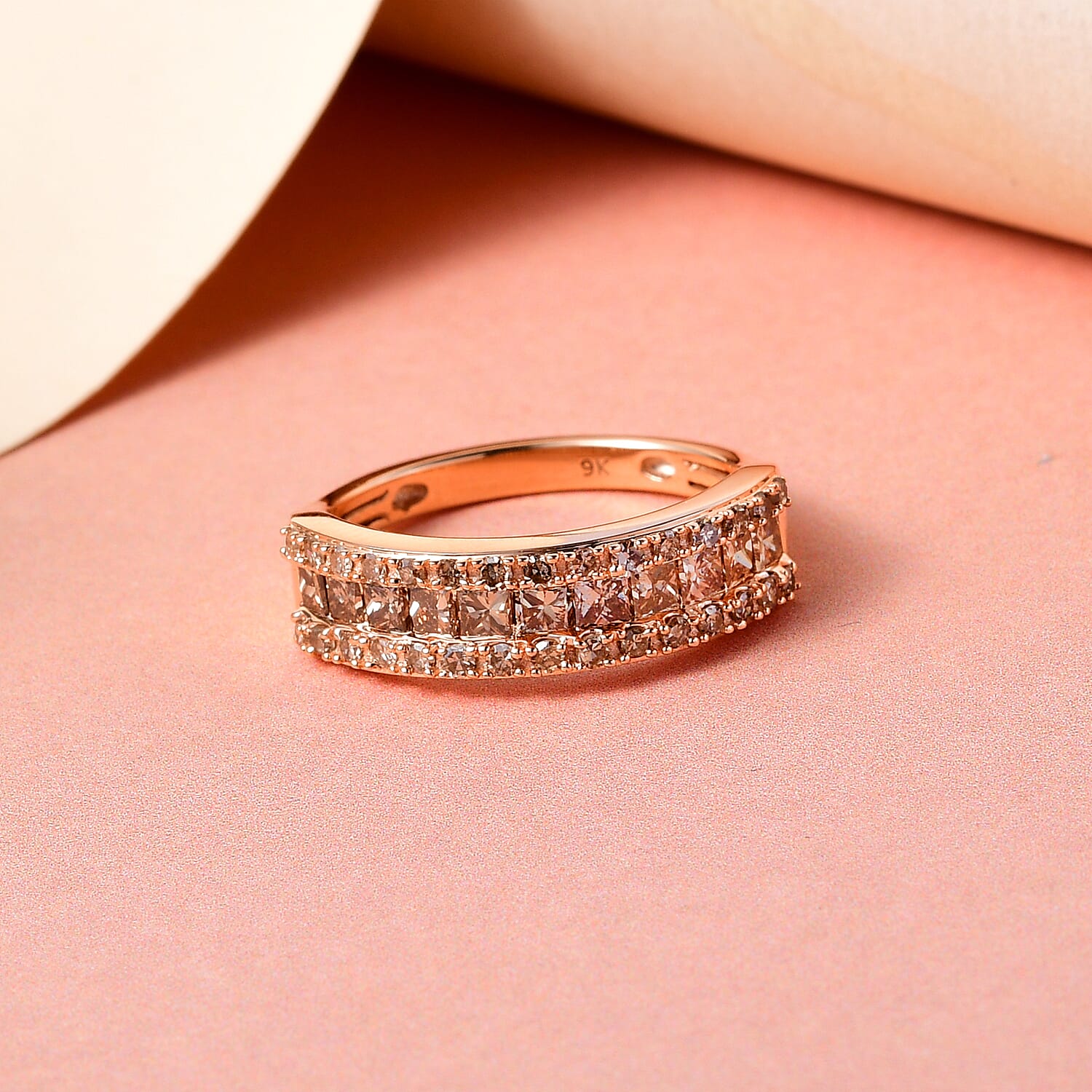 9K Rose Gold SGL Certified Natural Champagne Diamond Half Eternity Ring 1.00 Ct.