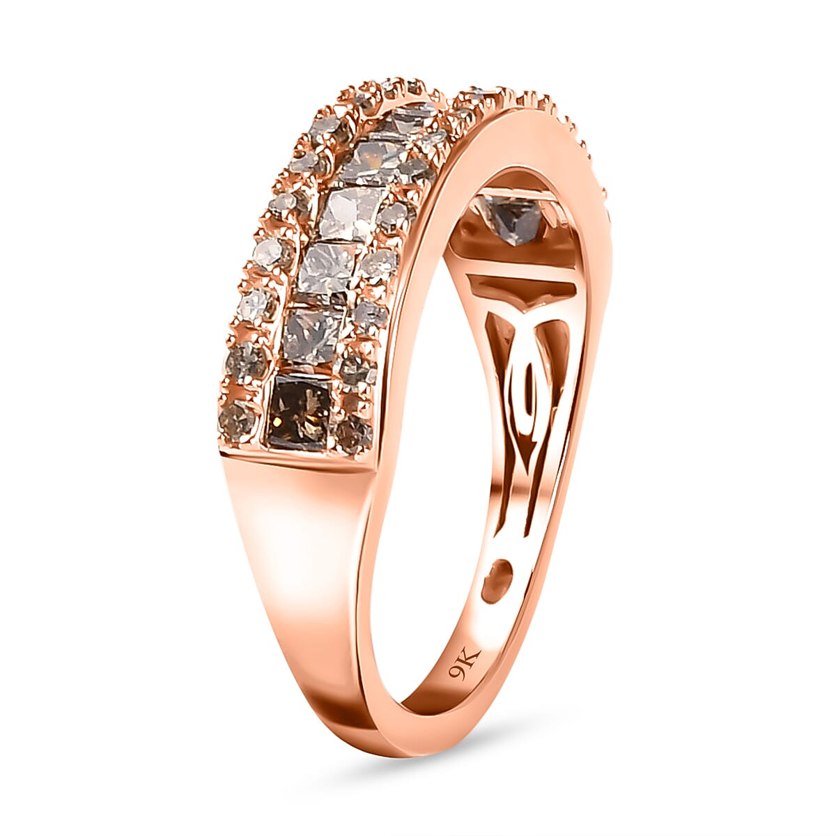 9K Rose Gold SGL Certified Natural Champagne Diamond Half Eternity Ring 1.00 Ct.