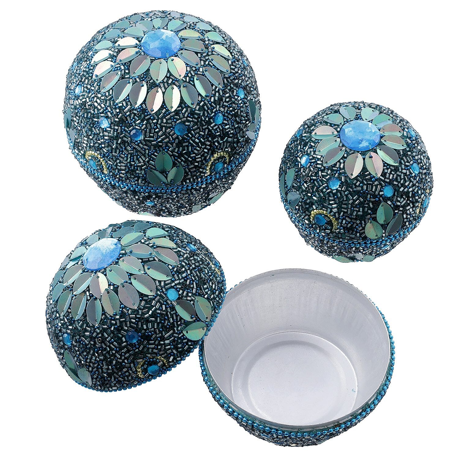 Set of 3 Round Nesting Metallic Jewellery Box - Blue & Silver