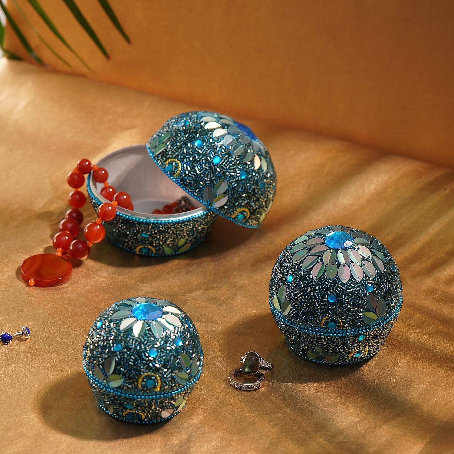Set of 3 Round Nesting Metallic Jewellery Box - Blue & Silver