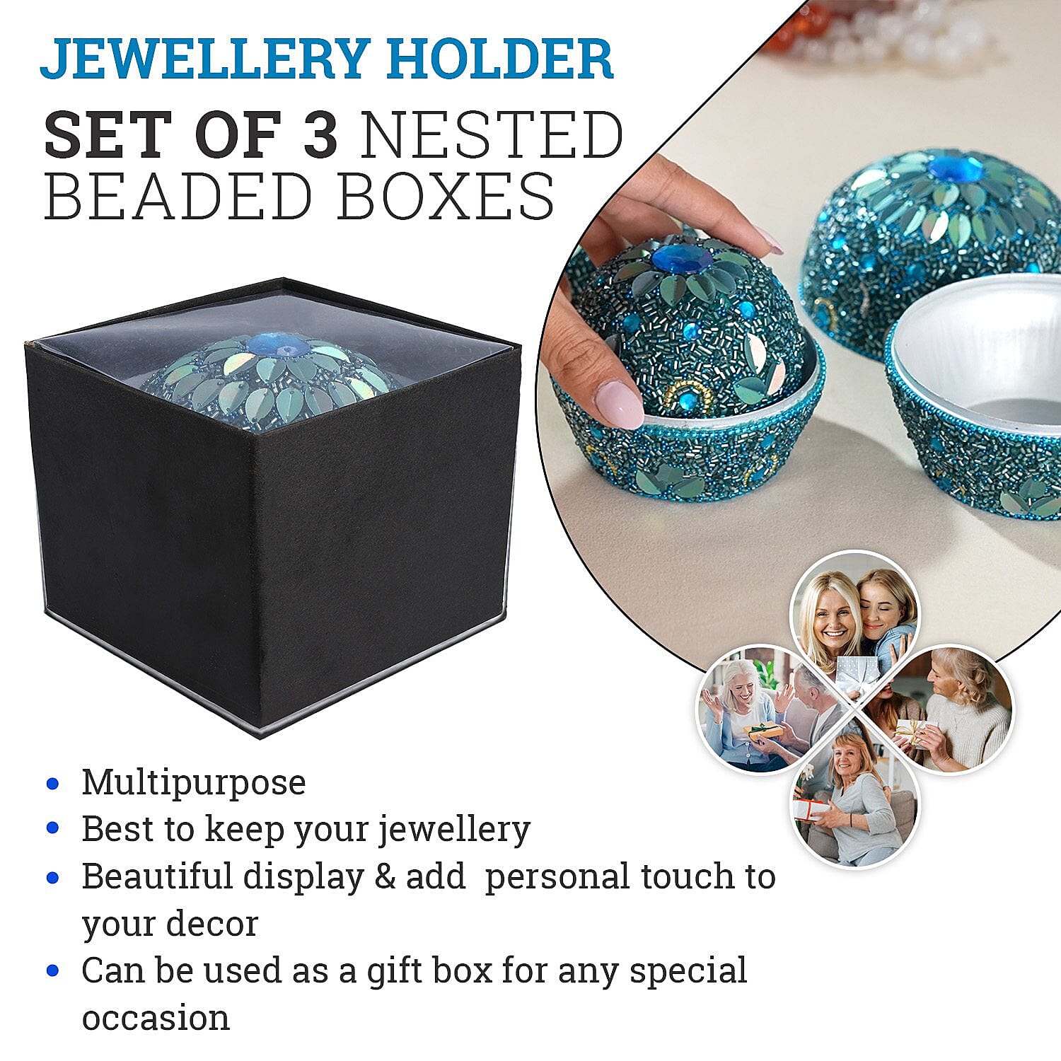 Set of 3 Round Nesting Metallic Jewellery Box - Blue & Silver