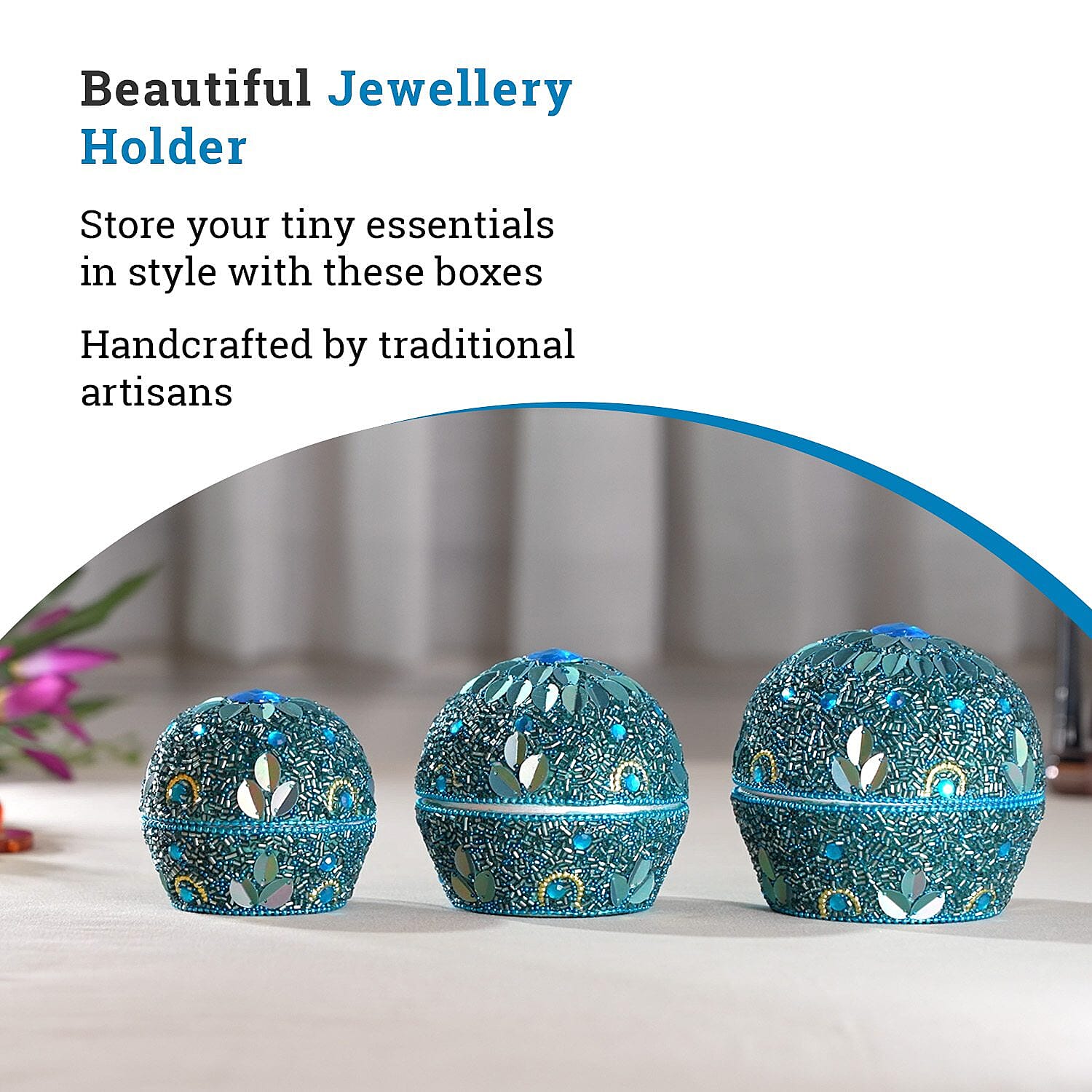 Set of 3 Round Nesting Metallic Jewellery Box - Blue & Silver