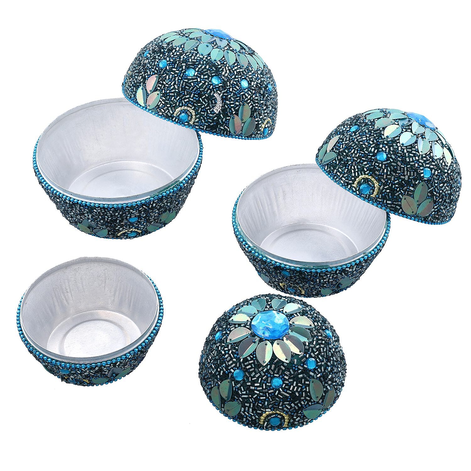 Set of 3 Round Nesting Metallic Jewellery Box - Blue & Silver