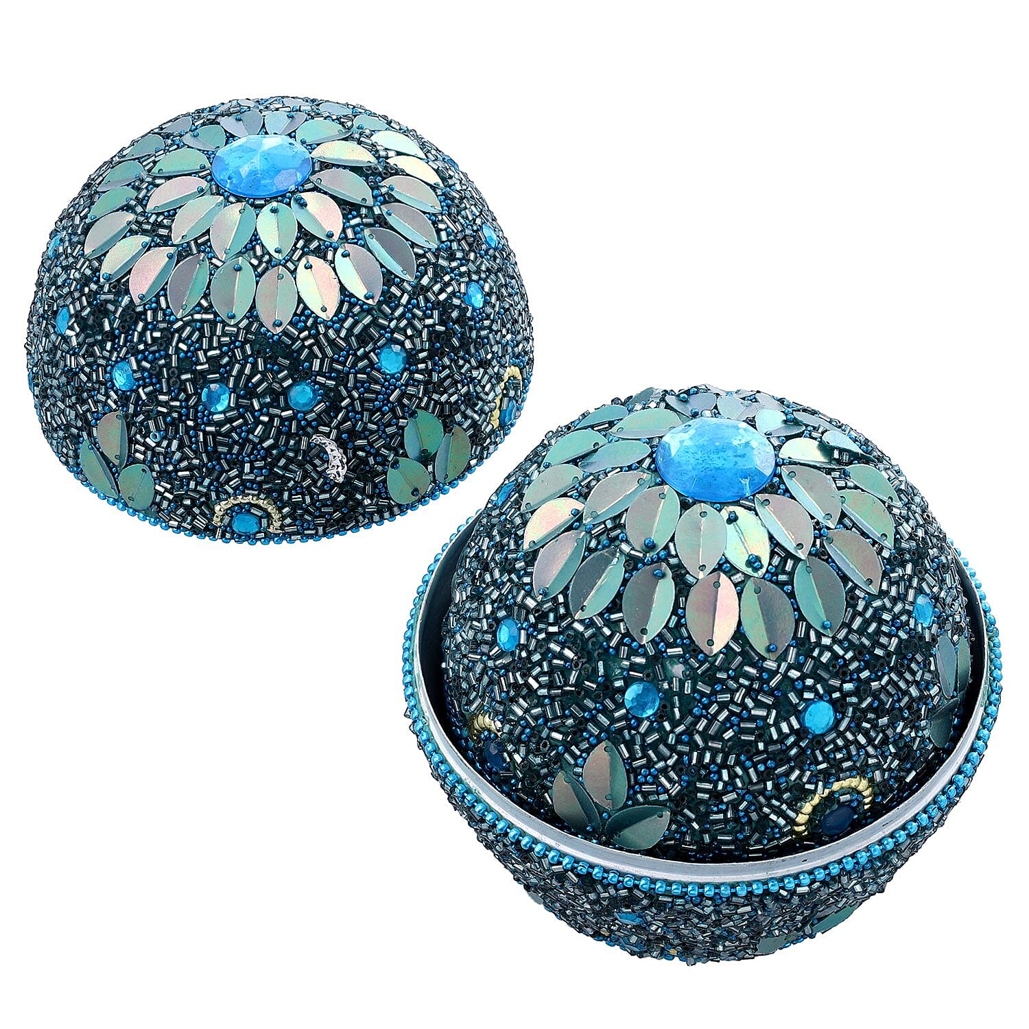 Set of 3 Round Nesting Metallic Jewellery Box - Blue & Silver