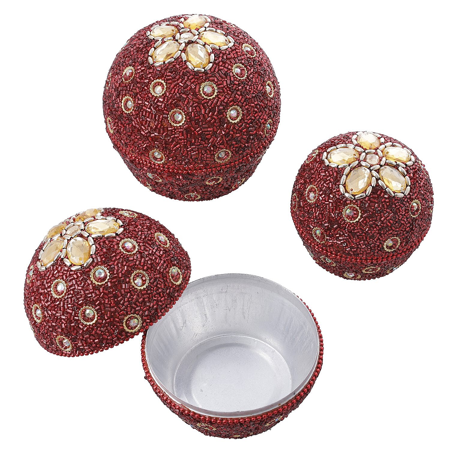 Set of 3 Round Nesting Metallic Jewellery Box - Red & Silver