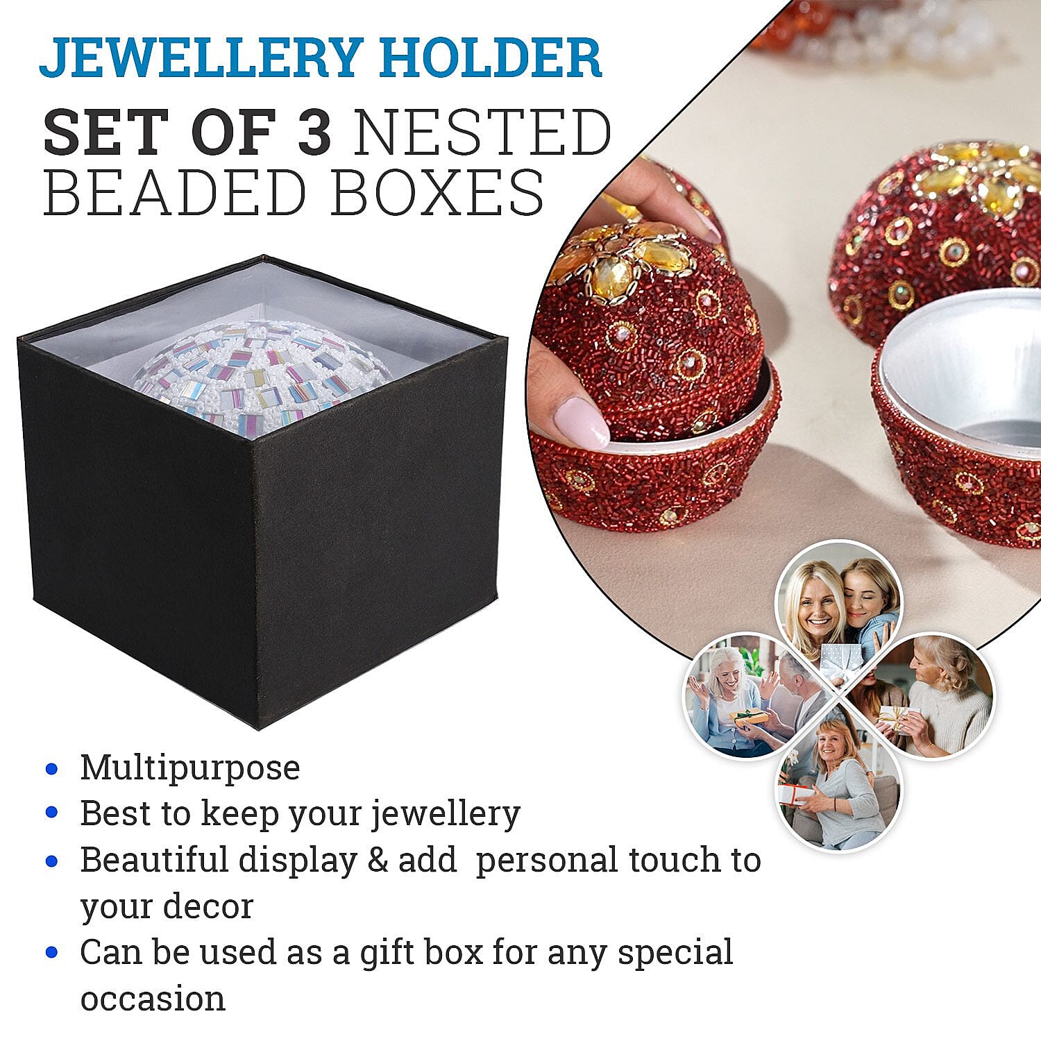 Set of 3 Round Nesting Metallic Jewellery Box - Red & Silver