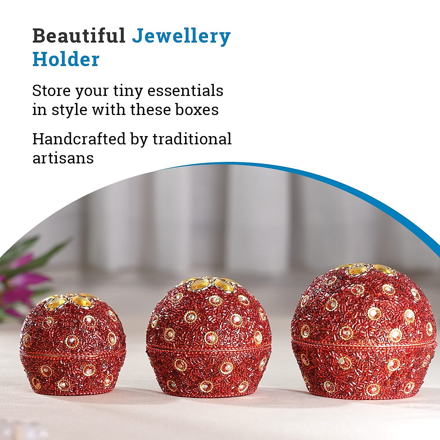 Set of 3 Round Nesting Metallic Jewellery Box - Red & Silver