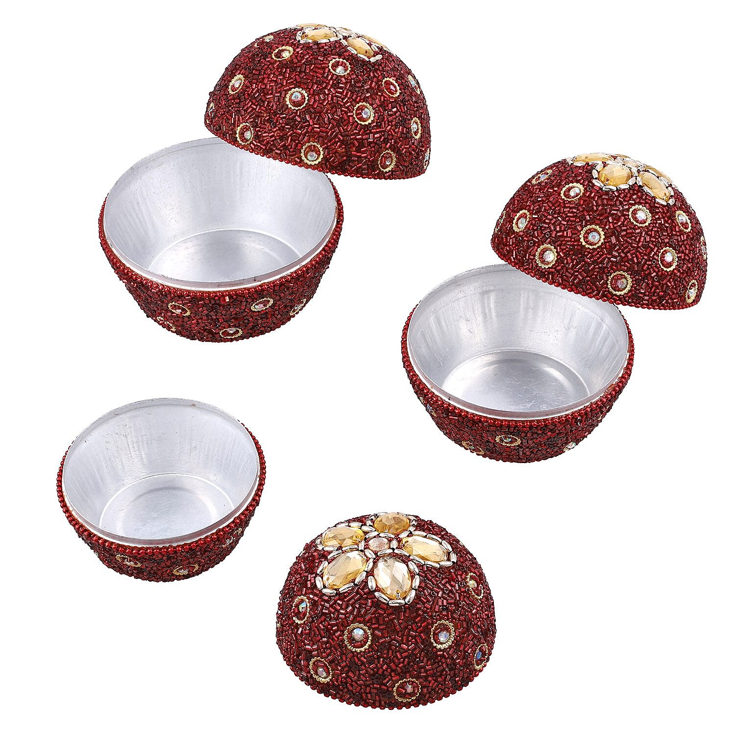 Set of 3 Round Nesting Metallic Jewellery Box - Red & Silver