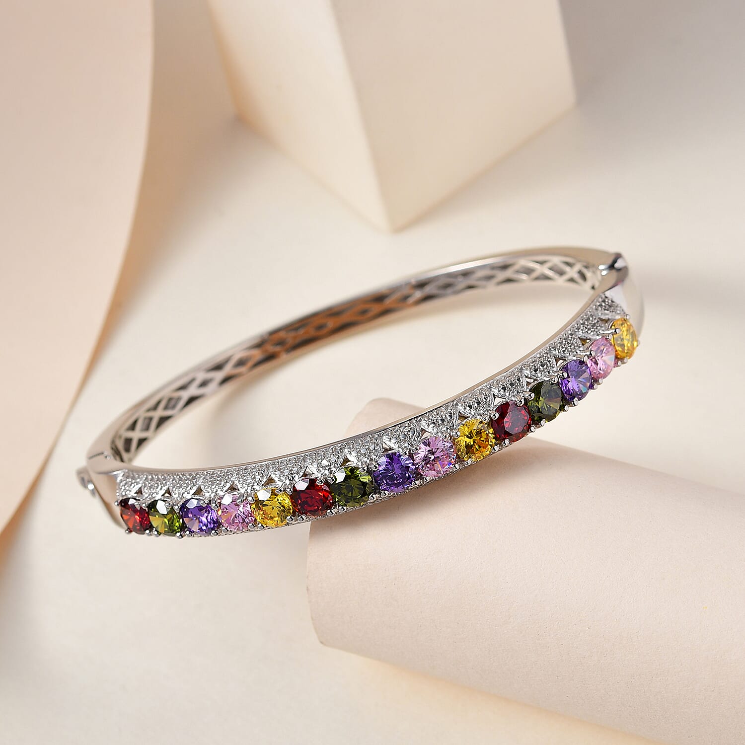 Simulated Garnet, Simulated Peridot and Simulated Multi Gemstones Bangle (Size 8) in Silver Tone