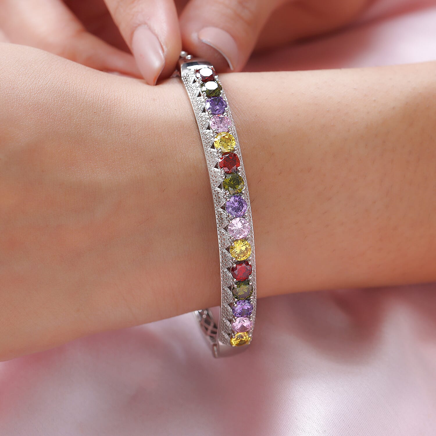 Simulated Garnet, Simulated Peridot and Simulated Multi Gemstones Bangle (Size 8) in Silver Tone