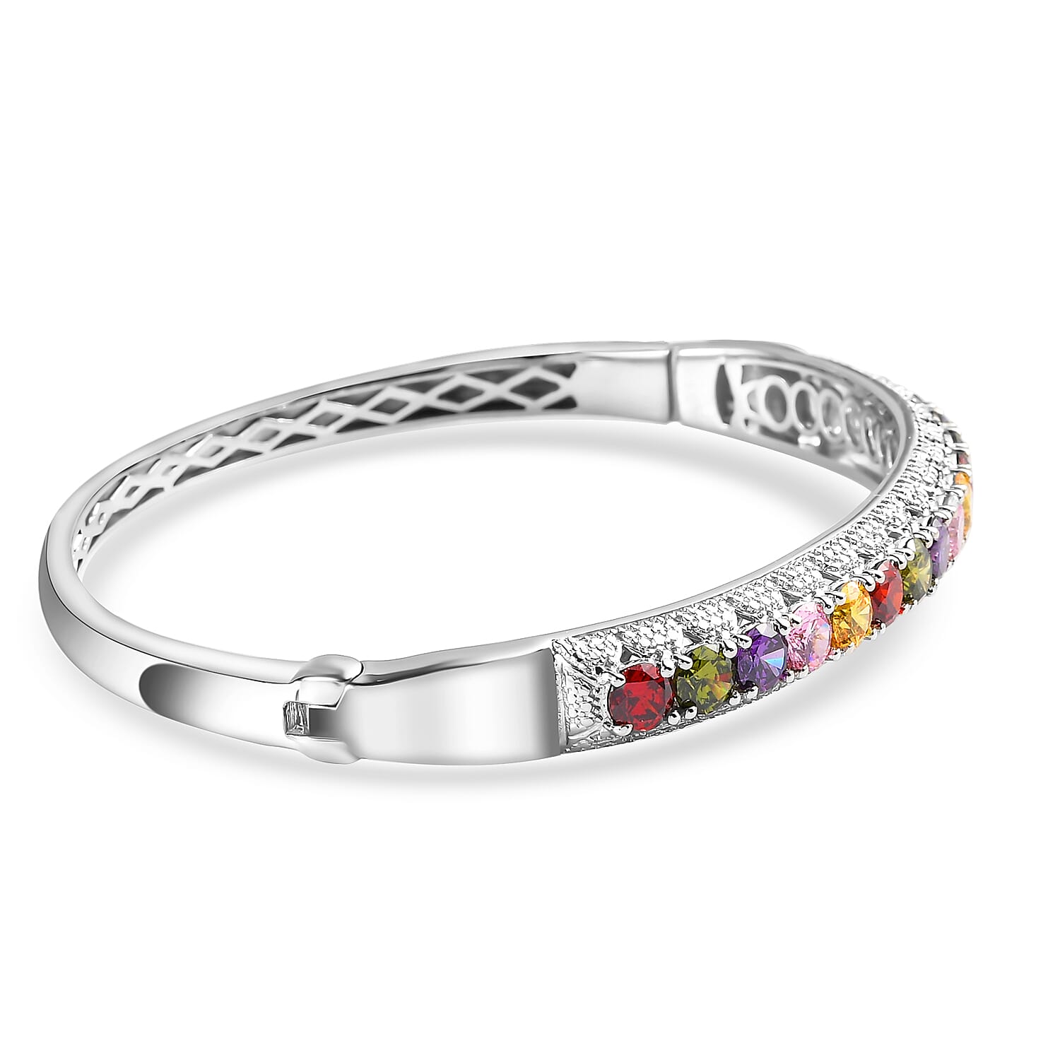 Simulated Garnet, Simulated Peridot and Simulated Multi Gemstones Bangle (Size 8) in Silver Tone