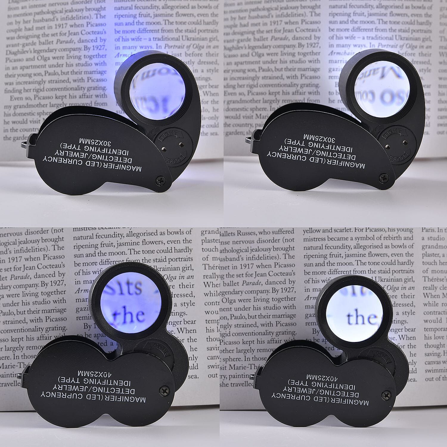 Set of 2 - Jewellery Magnifier with LED Light & UV Light- Black