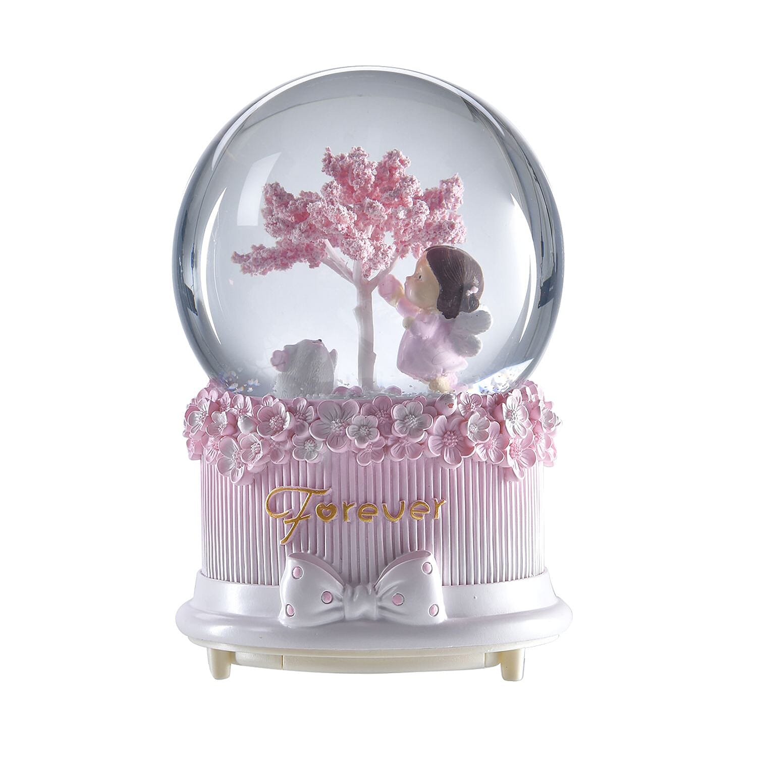 Musical Water Ball with Resin Base, Floating blade and A Girl under the Wishing Tree (Size 15x11 Cm) - Pink