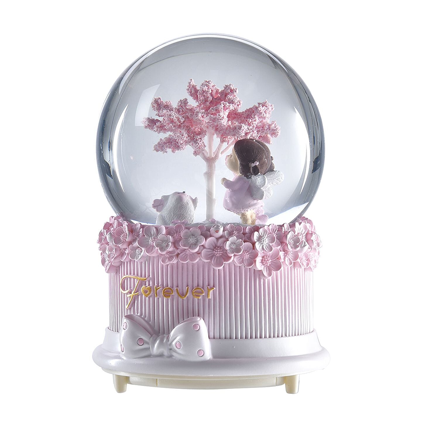 Musical Water Ball with Resin Base, Floating blade and A Girl under the Wishing Tree (Size 15x11 Cm) - Pink
