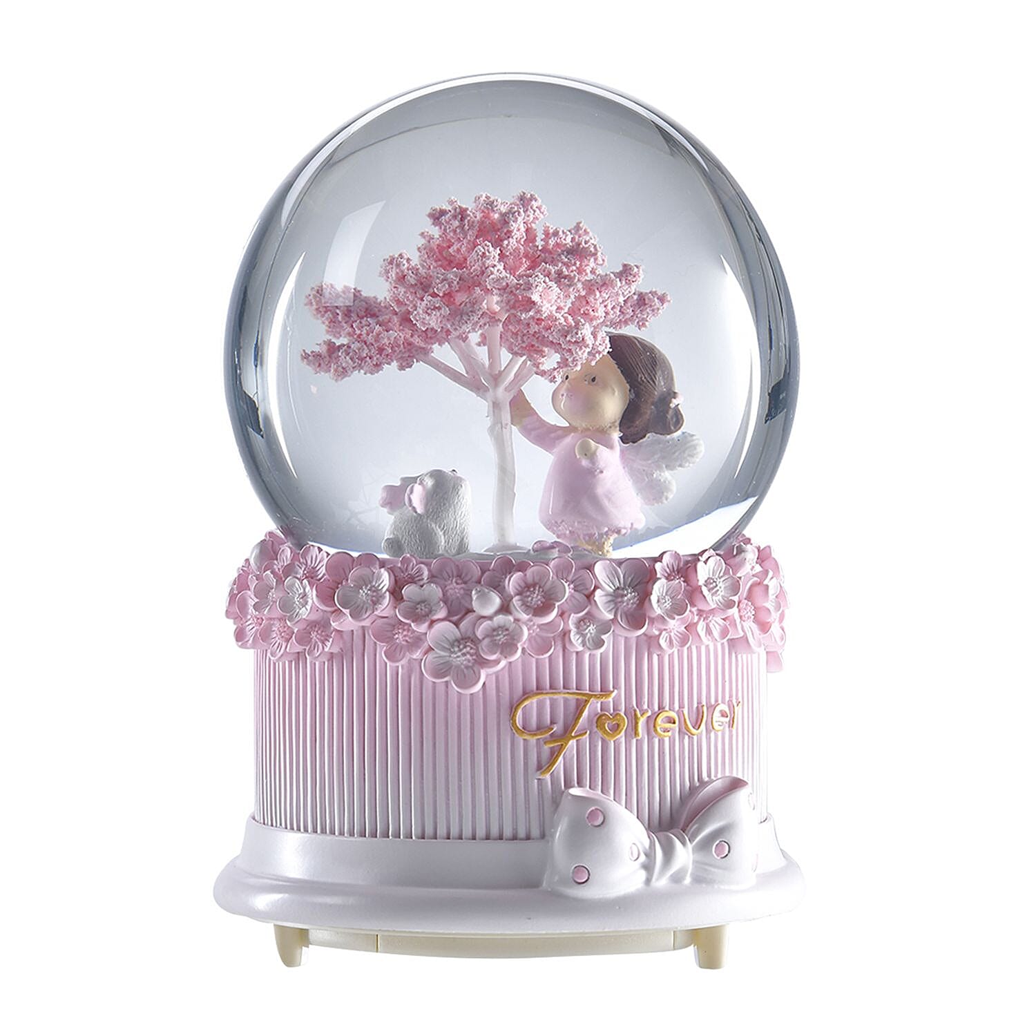 Musical Water Ball with Resin Base, Floating blade and A Girl under the Wishing Tree (Size 15x11 Cm) - Pink