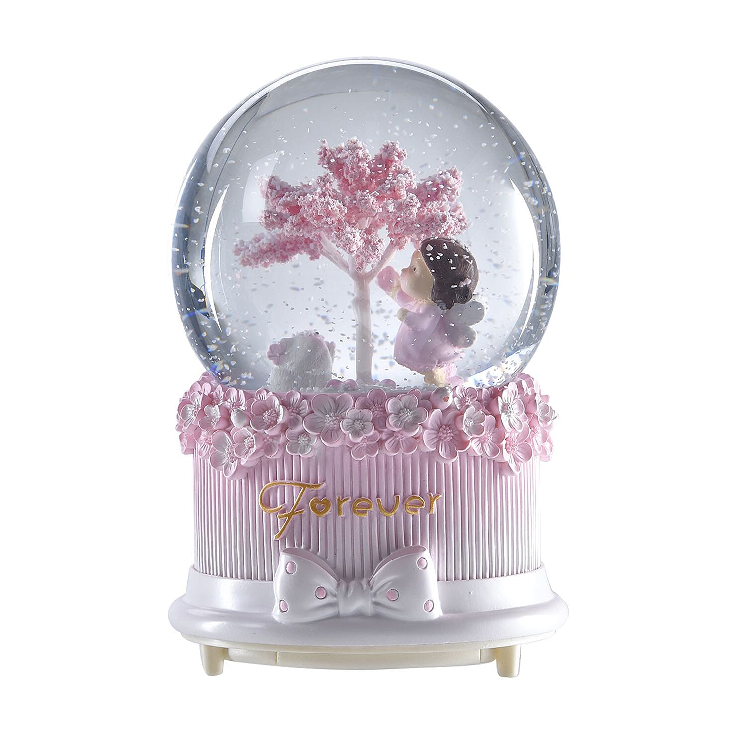 Musical Water Ball with Resin Base, Floating blade and A Girl under the Wishing Tree (Size 15x11 Cm) - Pink