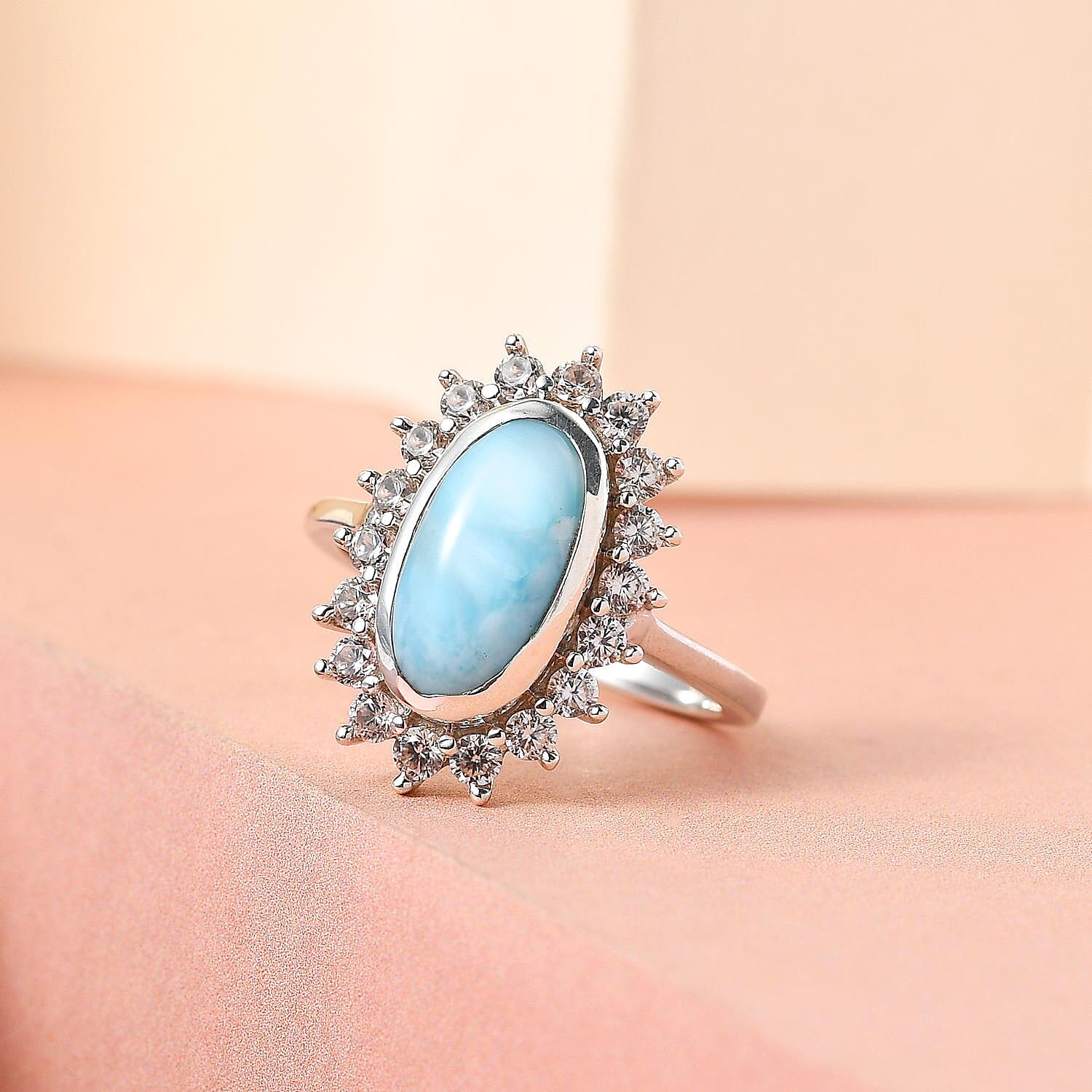 Larimar and Natural Cambodian Zircon Halo Ring in Platinum Overlay Sterling Silver 3.39 Ct.