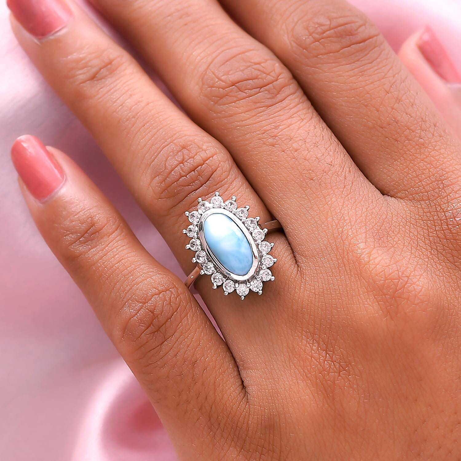 Larimar and Natural Cambodian Zircon Halo Ring in Platinum Overlay Sterling Silver 3.39 Ct.
