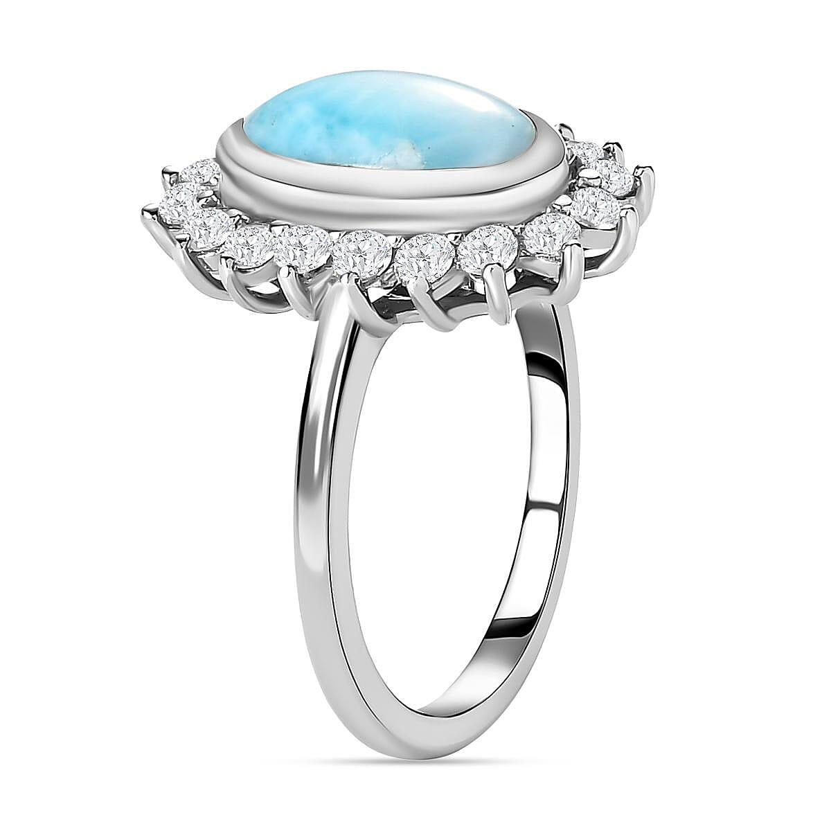 Larimar and Natural Cambodian Zircon Halo Ring in Platinum Overlay Sterling Silver 3.39 Ct.
