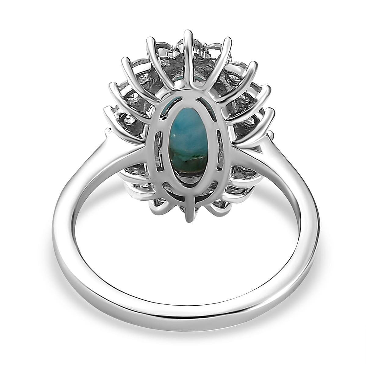 Larimar and Natural Cambodian Zircon Halo Ring in Platinum Overlay Sterling Silver 3.39 Ct.