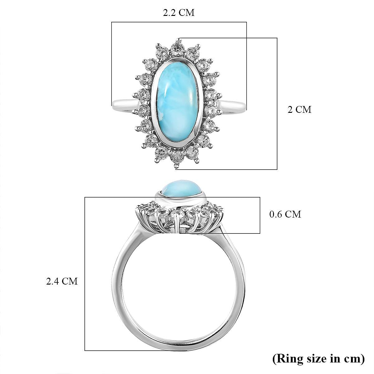Larimar and Natural Cambodian Zircon Halo Ring in Platinum Overlay Sterling Silver 3.39 Ct.