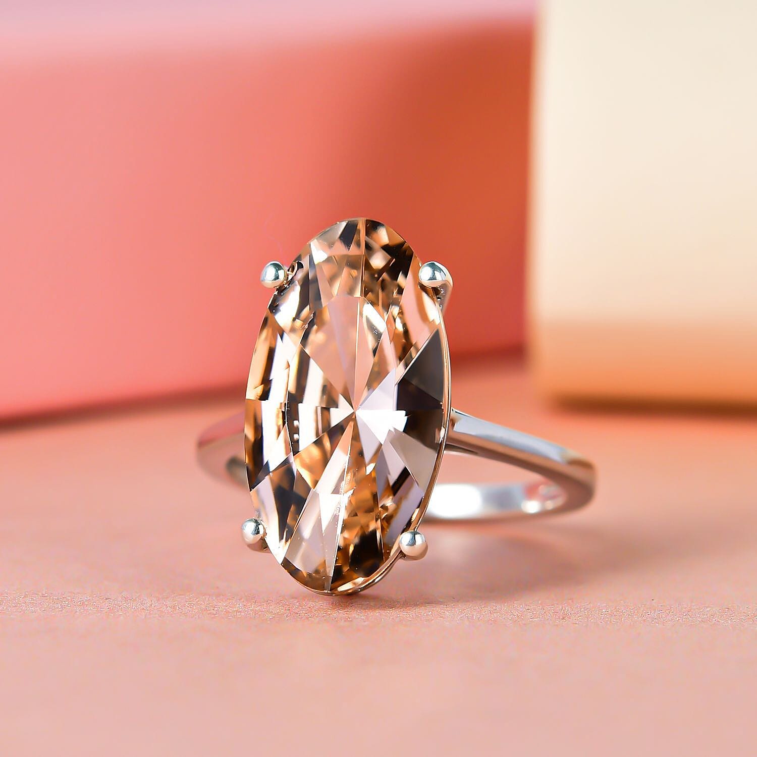 Vintage Rose Austrian Crystal Solitaire Ring in Platinum Overlay Sterling Silver