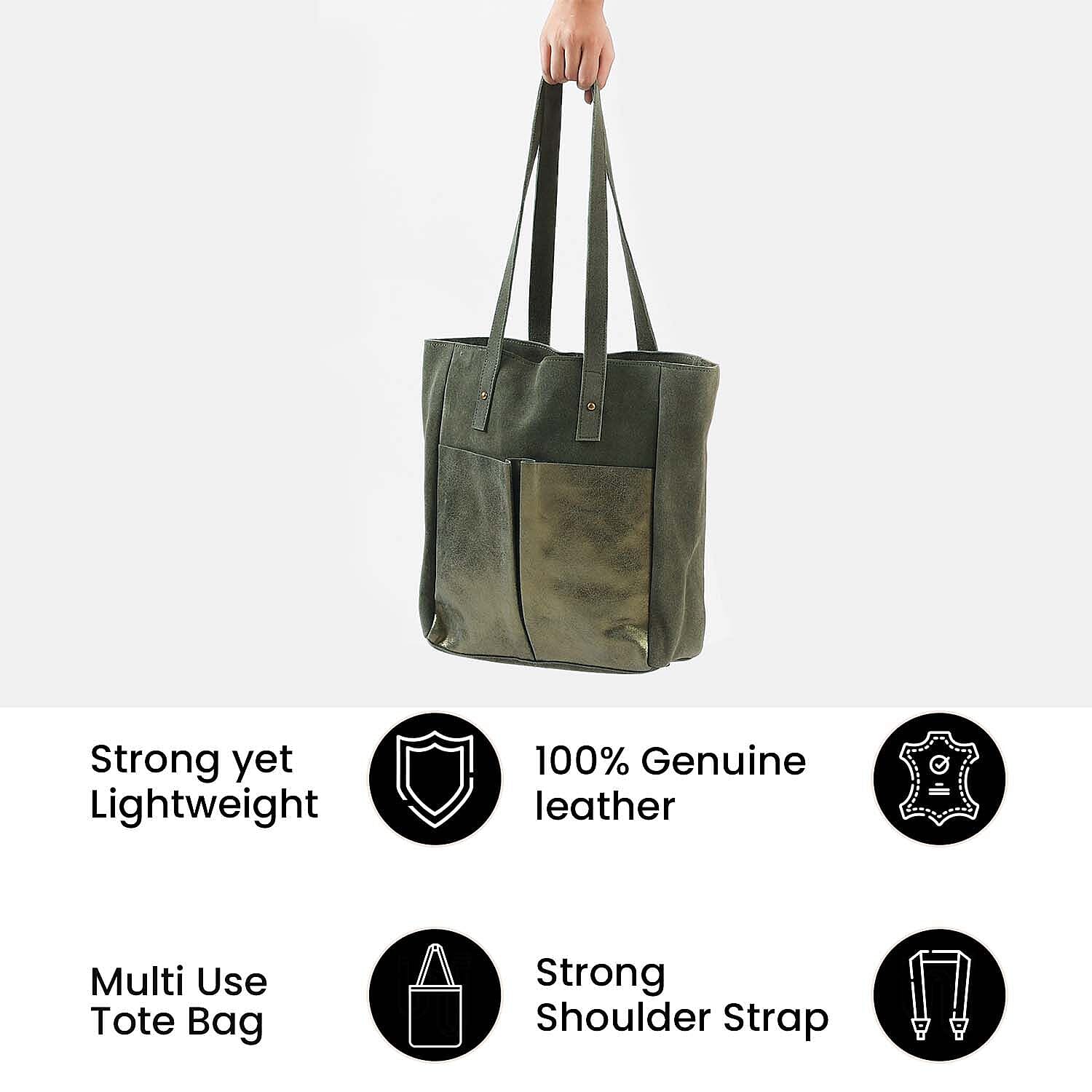 Italian CloseOut Deal- 100% Genuine Leather Tote Bag (Size 33x29x10 Cm) - Deep Green