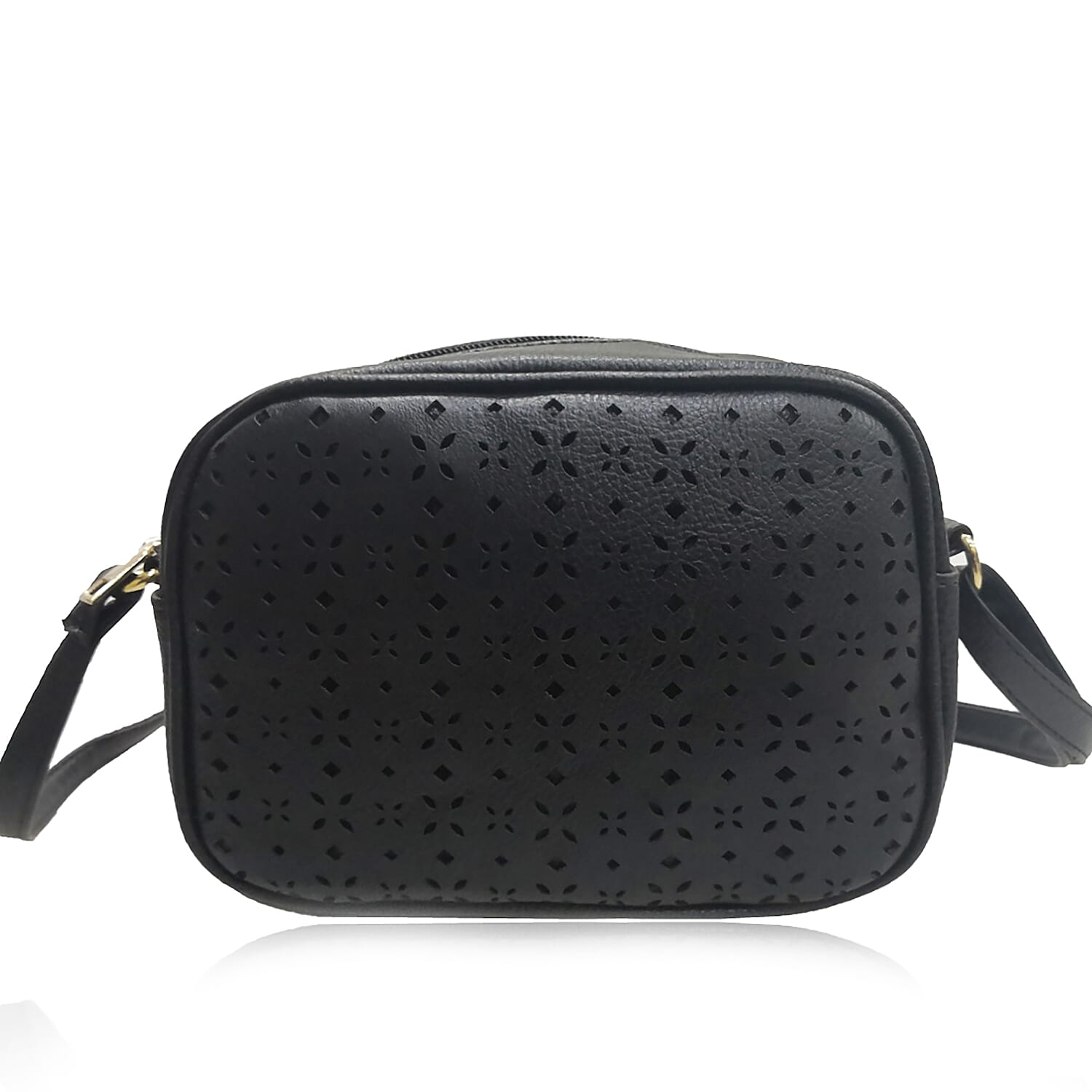 Lazer Cut Crossbody Bag with Shoulder Strap -  Black