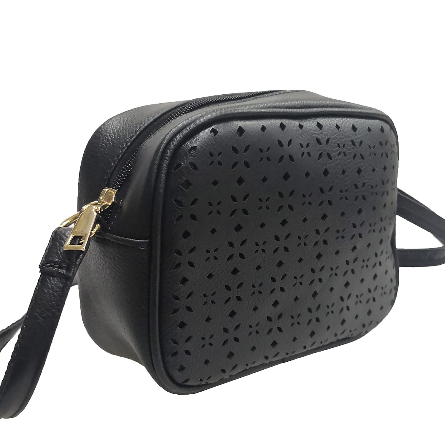 Lazer Cut Crossbody Bag with Shoulder Strap -  Black