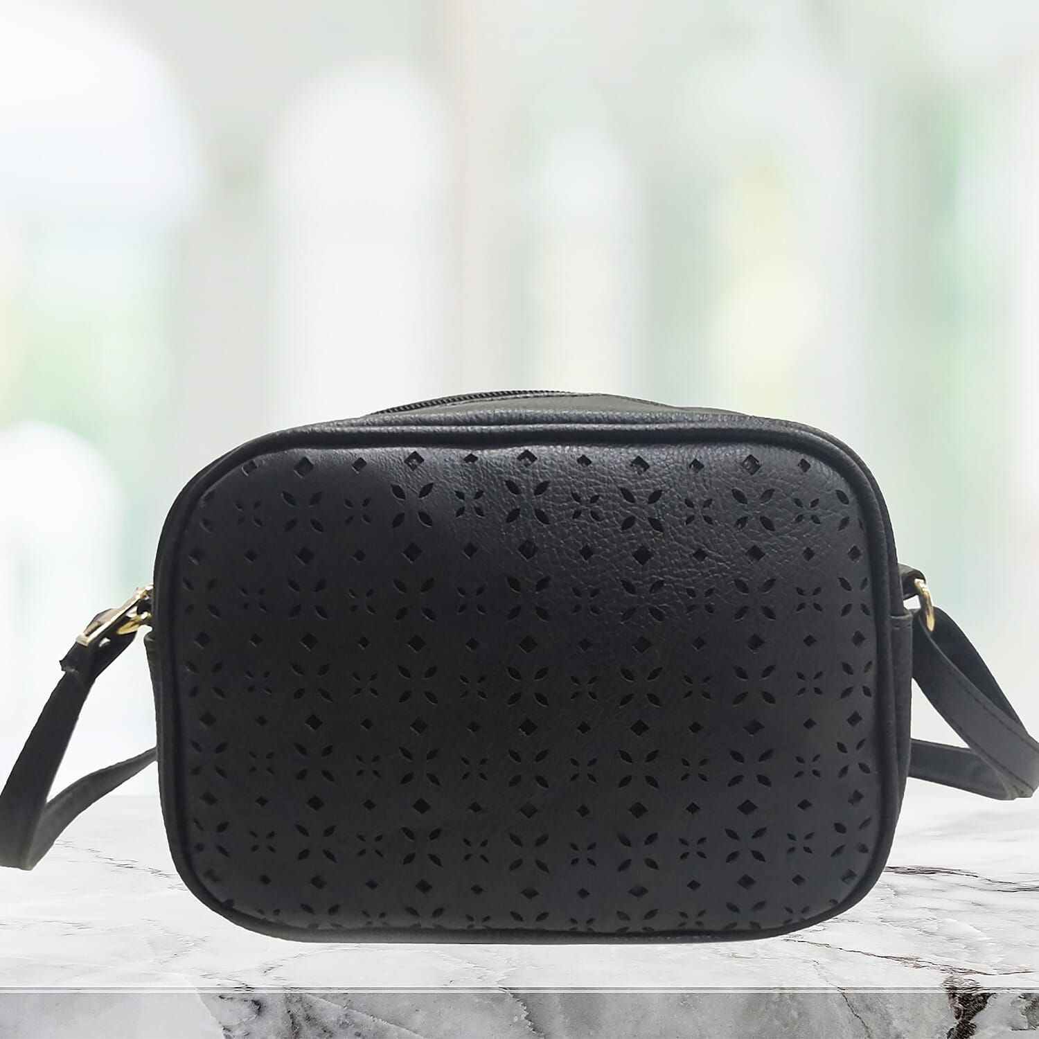 Lazer Cut Crossbody Bag with Shoulder Strap -  Black