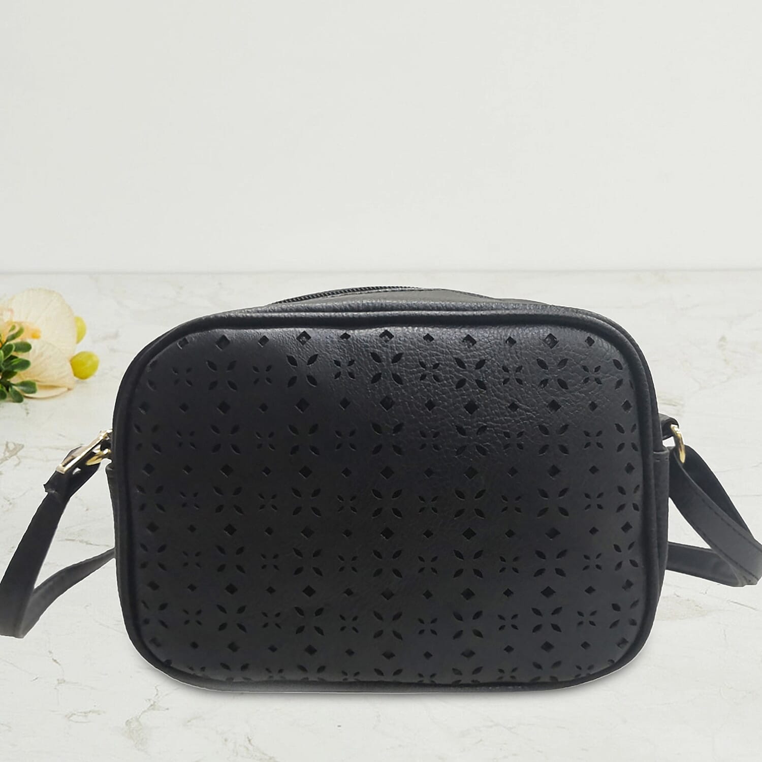 Lazer Cut Crossbody Bag with Shoulder Strap -  Black
