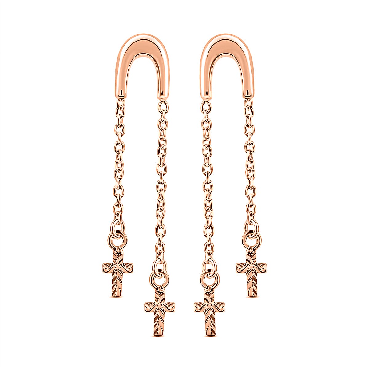 Rose Gold Overlay Sterling Silver Cross Dangling Earrings ( With Push Back)