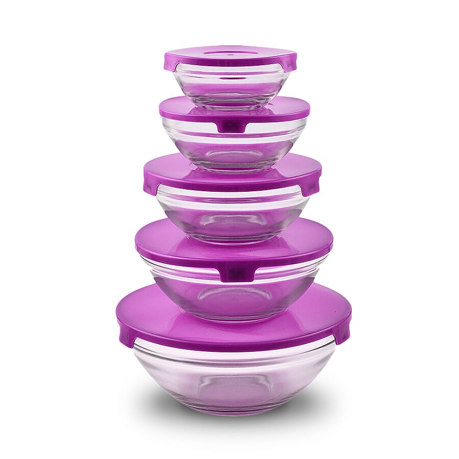 Herzberg Transparent 5 Piece Glass Bowls with Lids (Size 9/10/12/14/17 Cm) - Purple