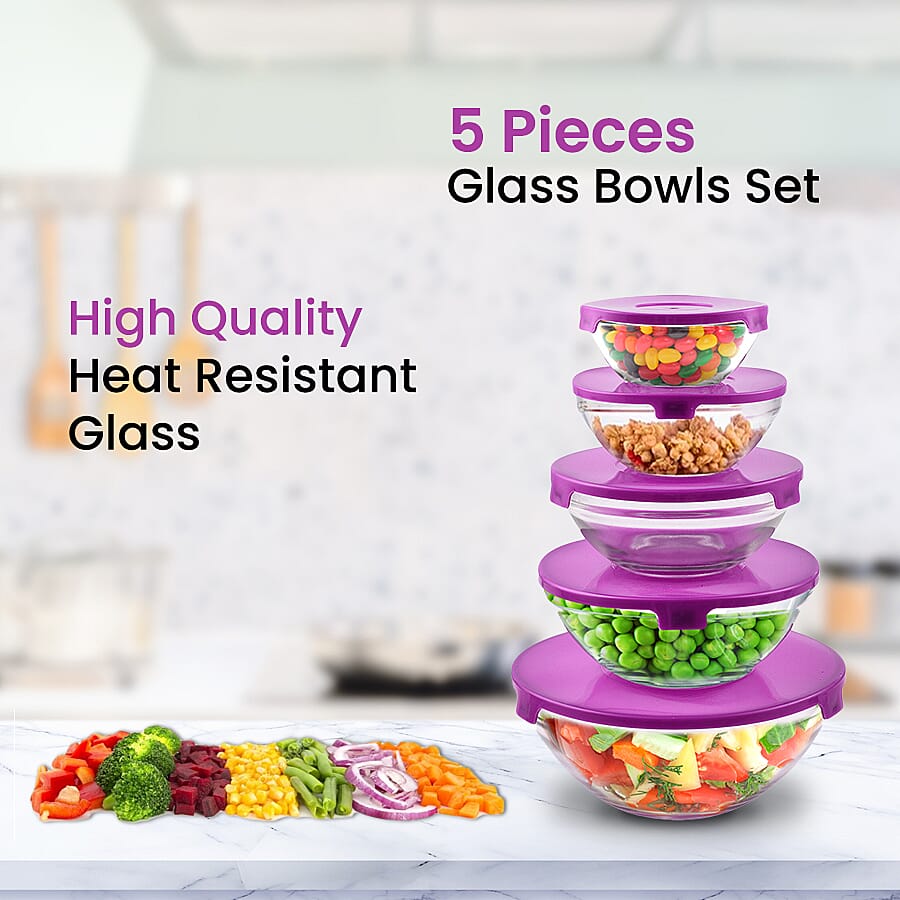 Herzberg Transparent 5 Piece Glass Bowls with Lids (Size 9/10/12/14/17 Cm) - Purple