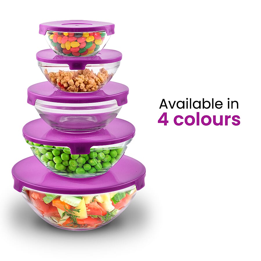Herzberg Transparent 5 Piece Glass Bowls with Lids (Size 9/10/12/14/17 Cm) - Purple